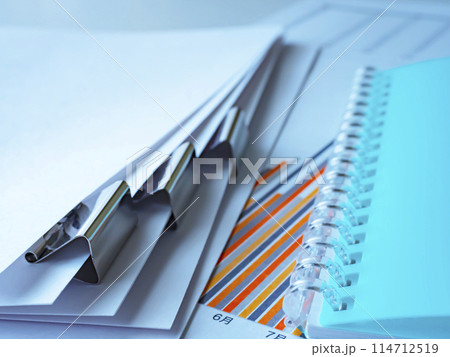 テーブルに置かれたグラフと手帳と書類 114712519