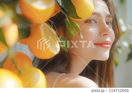 柑橘シトラスと女性の美容イメージ（スキンケア・ボディケア・エステサロン） 114712600