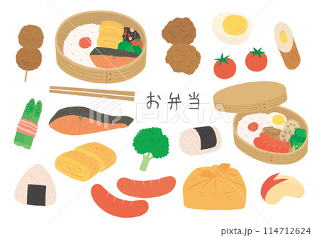 曲げわっぱ弁当箱と、弁当のおかずイラストセット(カラー/主線なし) 曲げわっぱ弁当箱と、弁当のおかずイラストセット(カラー/主線なし) 114712624