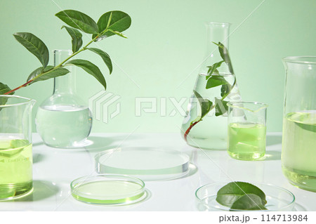 Glassware in laboratory placed on white countertop against light green background, a empty round glass pedestal for showing product in center, plenty lab items decorated around. Space for design Glassware in laboratory placed on white countertop against light green background, a empty round glass pedestal for showing product in center, plenty lab items decorated around. Space for design 114713984