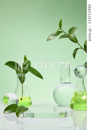 Unique template of green tea in laboratory concept, light green background features experiment glassware and blank pedestal in center, decorated by green color of tea leaves. Space for displaying 114713999