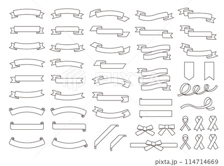 モノクロ線画のリボンフレームのベクターイラストセット 114714669