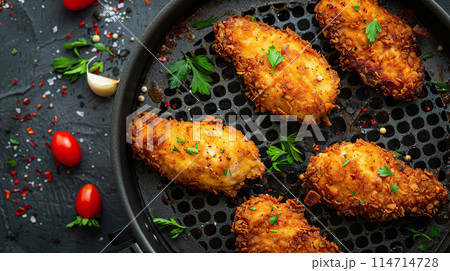 Delicious golden-brown chicken breast cooked in an air fryer with fresh herbs 114714728