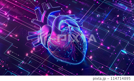 Digital representation of a heart with neon lights, advanced medical technology 114714895