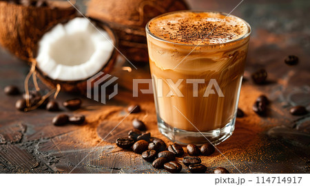 Creamy coconut coffee served in a glass with fresh beans and coconut slices 114714917