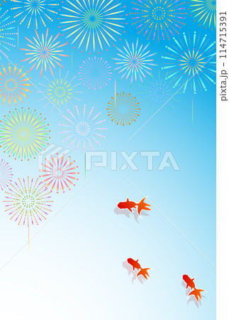 金魚　花火　暑中見舞い　背景	 114715391