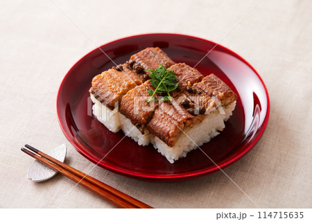 朱塗りのお皿に盛られた鰻の押し寿司 114715635