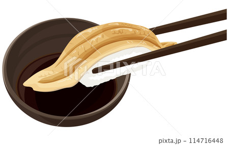 アナゴの握り寿司を醤油につける アナゴの握り寿司を醤油につける 114716448