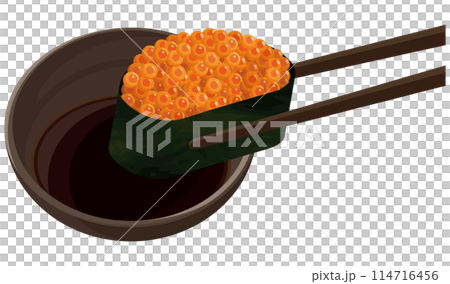 將鮭魚子浸入醬油中 將鮭魚子浸入醬油中 114716456