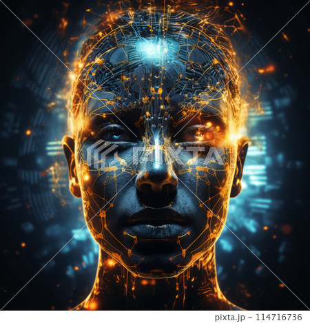 AIgenerated image of womans face with glowing lines 114716736