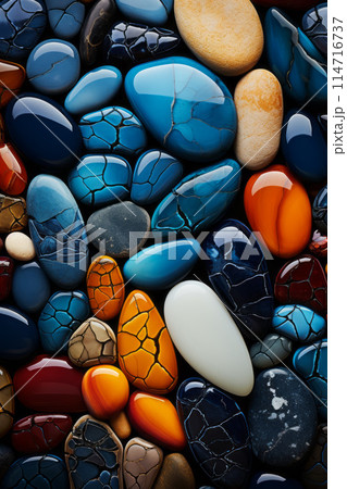 A detailed view of a stack of colorful pebbles, part of an intricate pattern 114716737