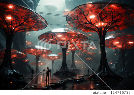 A group of people walk through a forest of large red mushrooms under a dark sky A group of people walk through a forest of large red mushrooms under a dark sky 114716755