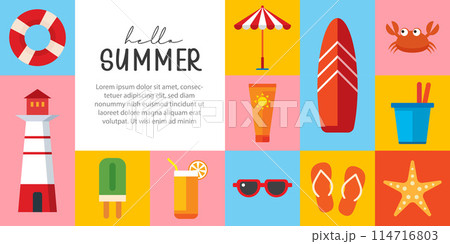 Hello summer poster and banners design. Summer with objects elements background. 114716803