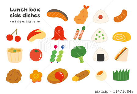 お弁当のおかずのかわいい手描きイラストセット お弁当のおかずのかわいい手描きイラストセット 114716848