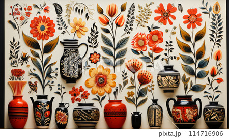 The wall is adorned with an artistic painting featuring vases and flowers The wall is adorned with an artistic painting featuring vases and flowers 114716906