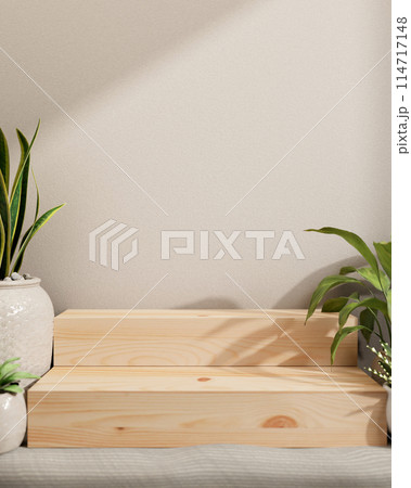 A space for showcasing products on a wooden pedestal, surrounded by potted plants against the wall. 114717148