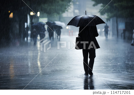 雨の中、傘を差して歩くビジネスマン 114717201