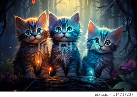 Three cute kittens are closely grouped together in a dense forest 114717237