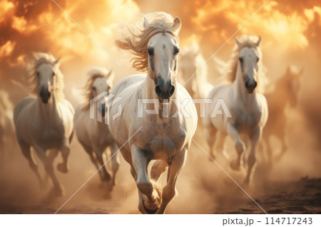 A group of white horses galloping across the desert landscape 114717243