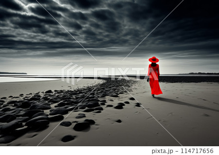 A woman in red dress walks on the beach with water, sky, and wind around her 114717656