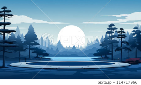 Lake, trees, mountains, full moon in the background 114717966
