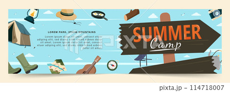 Outing equipment. Camping equipments, Concept of wanderlust, travel, and camping adventure. Vector illustration, poster and banner Outing equipment. Camping equipments, Concept of wanderlust, travel, and camping adventure. Vector illustration, poster and banner 114718007