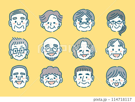様々なお年寄りの顔のシンプルなイラストセット 114718117