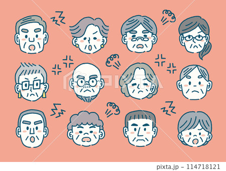 怒るお年寄りの顔のシンプルなイラストセット 怒るお年寄りの顔のシンプルなイラストセット 114718121