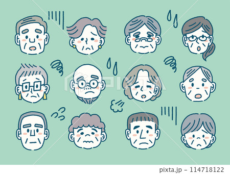 落ち込むお年寄りの顔のシンプルなイラストセット 落ち込むお年寄りの顔のシンプルなイラストセット 114718122