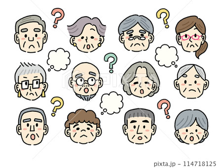 疑問を持つシニアの顔の手書き風イラストセット 114718125