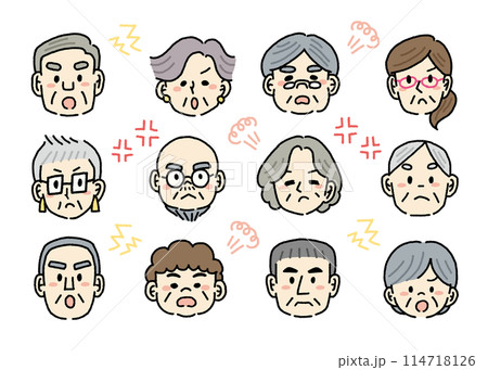 怒るシニアの顔の手書き風イラストセット 114718126