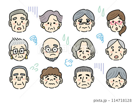 落ち込むシニアの顔の手書き風イラストセット 114718128
