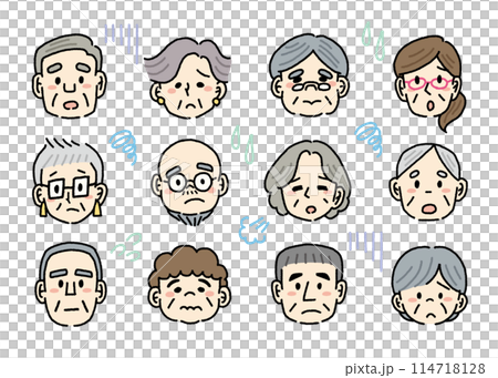 落ち込むシニアの顔の手書き風イラストセット 114718128