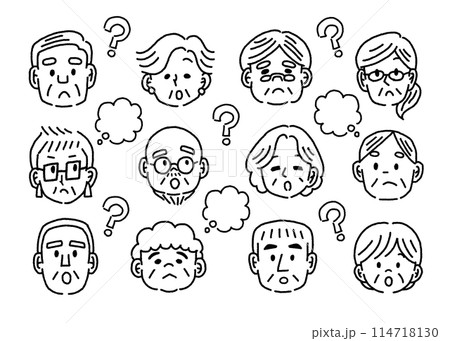 疑問を持つ高齢者の顔のモノクロのイラストセット 疑問を持つ高齢者の顔のモノクロのイラストセット 114718130