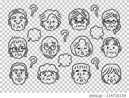 疑問を持つ高齢者の顔のモノクロのイラストセット 疑問を持つ高齢者の顔のモノクロのイラストセット 114718130
