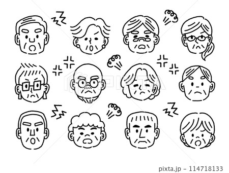 怒る高齢者の顔のモノクロのイラストセット 怒る高齢者の顔のモノクロのイラストセット 114718133