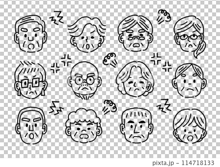怒る高齢者の顔のモノクロのイラストセット 怒る高齢者の顔のモノクロのイラストセット 114718133