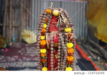 Trishul and Rudraksha Garland of Sadhu at Kolkata Gangasagar Transit Camp 114718349