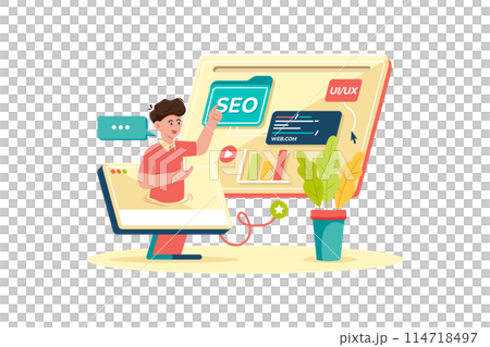 Digital marketer crafting SEO strategy for new website. Digital marketer crafting SEO strategy for new website. 114718497