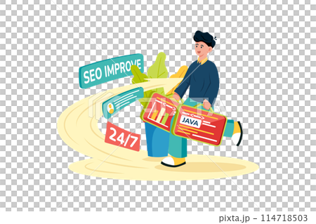 Web developer implementing technical SEO improvements. Web developer implementing technical SEO improvements. 114718503
