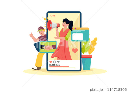 Influencer marketer collaborating for SEO boost. 114718506