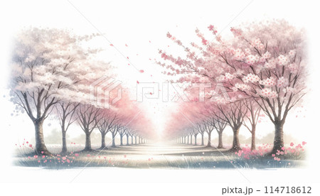水彩画風の満開の桜並木 114718612