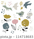 北欧風植物と鳥の手描きイラスト素材 114718683