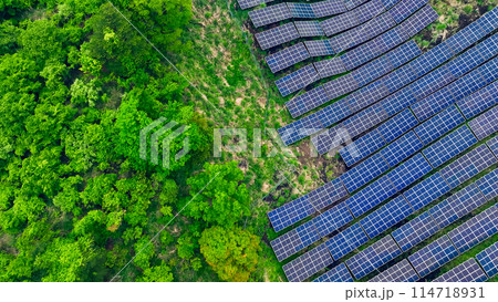 森林に設置されたメガソーラー太陽光発電所　空撮 114718931
