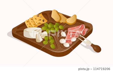 Colorful illustration of cheeses plate with other snacks. Hammon, bread, olives and grape in realistic style. Vector illustration. Colorful illustration of cheeses plate with other snacks. Hammon, bread, olives and grape in realistic style. Vector illustration. 114719206