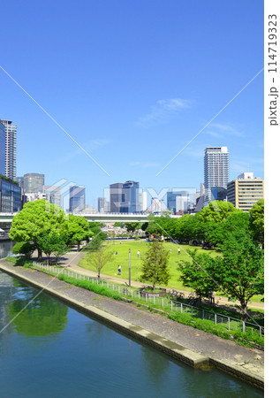 大阪　天神橋から望む中之島公園の芝生広場 114719323
