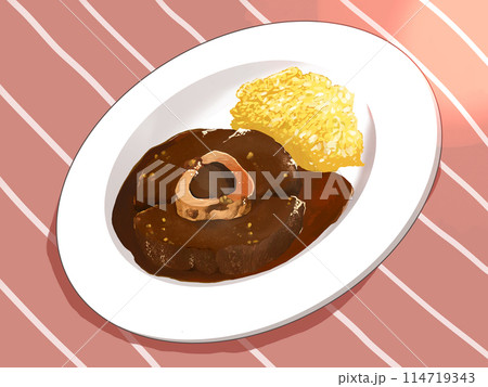 骨付き牛肉の煮込みとピンクのテーブルクロス 骨付き牛肉の煮込みとピンクのテーブルクロス 114719343