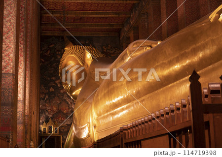 The giant reclining Buddha golden statue is seen at Wat Pho temple complex 114719398