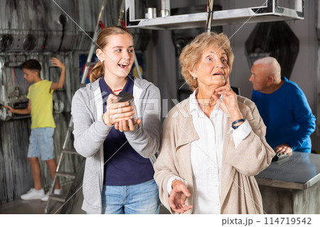 Kids and grandparents solving conundrum in quest room 114719542