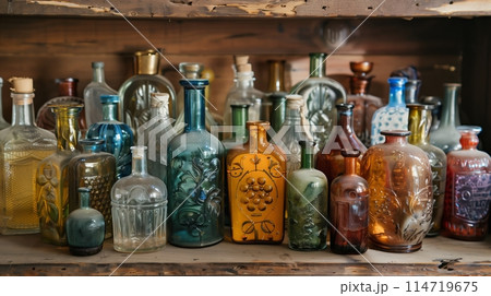 A collection of elegant glass bottles with unique designs. 114719675